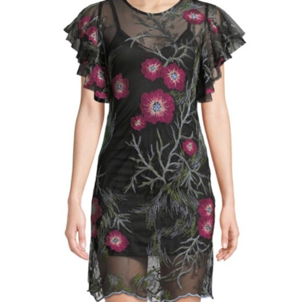 Free Generation Floral Embroidered mesh midi Dress short sleeves black . Medium